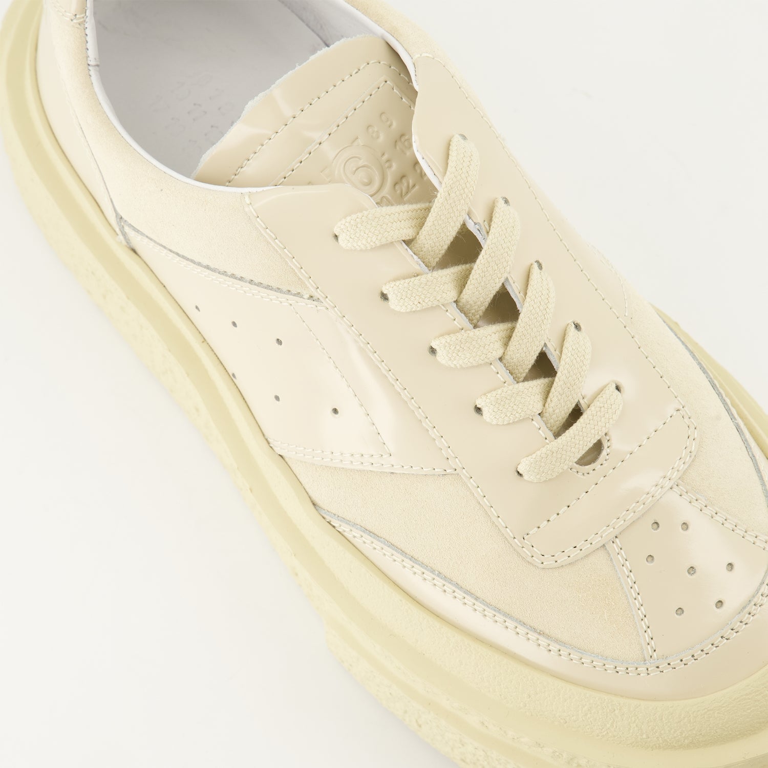 MM7 sneakers, platform sneakers, beige sneakers, luxury footwear, shiny leather sneakers