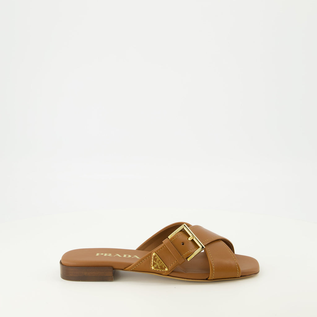 brown leather sandals, Prada shoes, square toe sandals, adjustable fit footwear, calfskin leather sandals