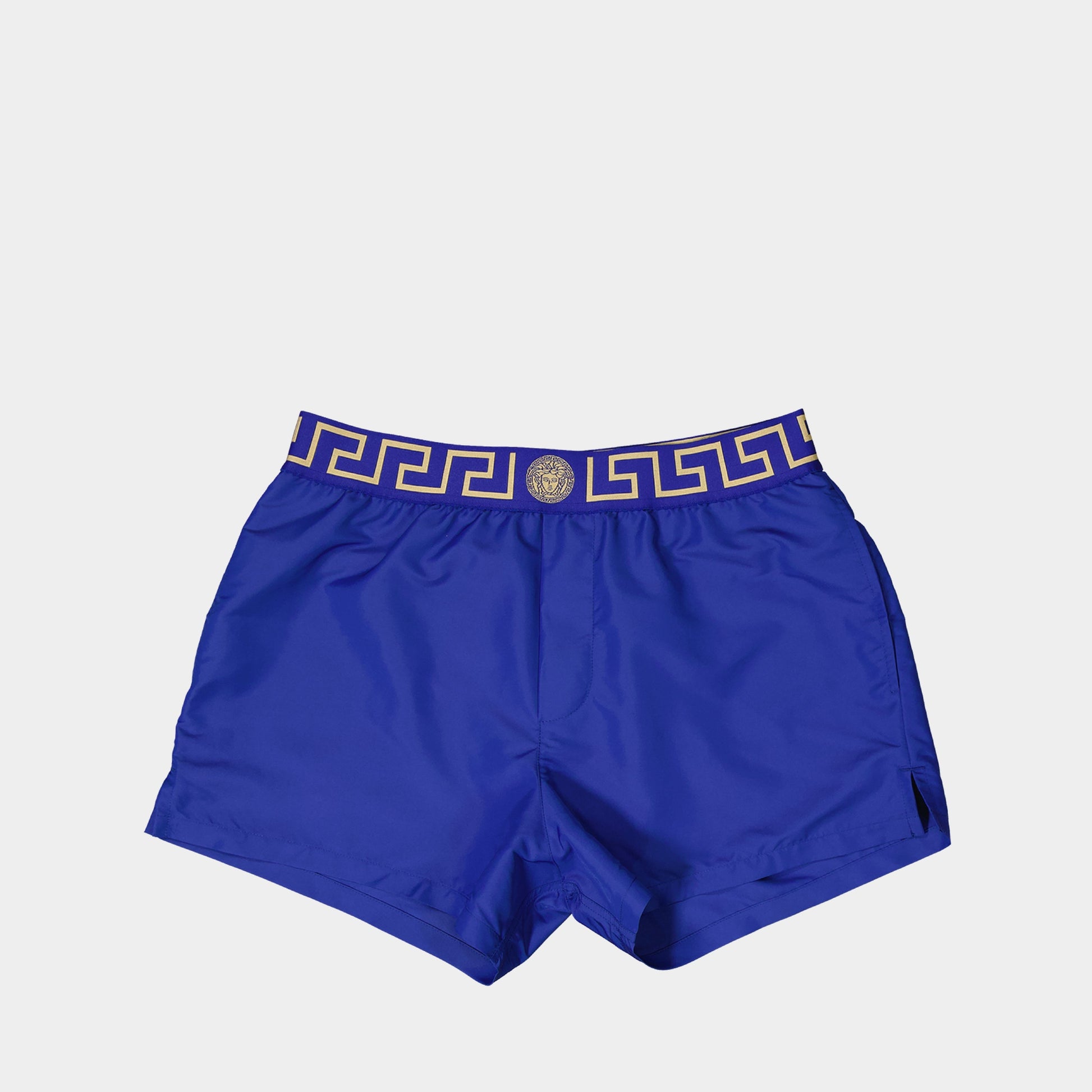 Medusa Greca, Blue Swim Shorts, Versace Swimwear, Elastic Waistband, Stylish Swimwear