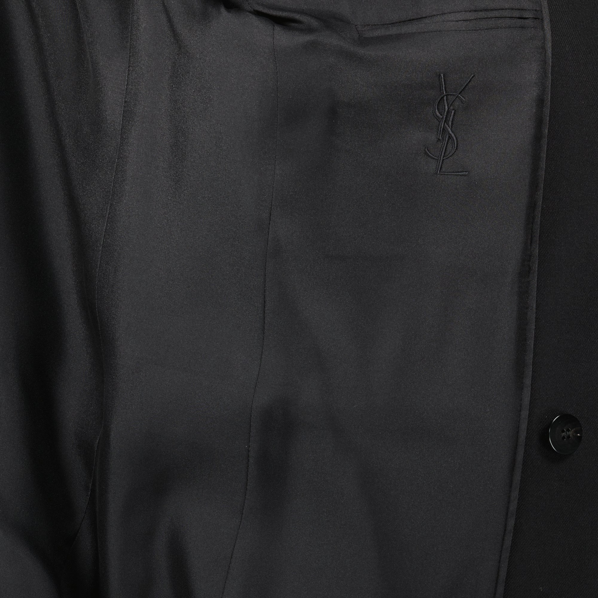 black blazer, Saint Laurent, wool gabardine, double-breasted blazer, silk lining