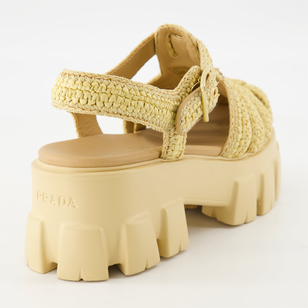 Beige raphia sandals, Monolith sandals, summer footwear, Prada sandals, adjustable ankle strap sandals
