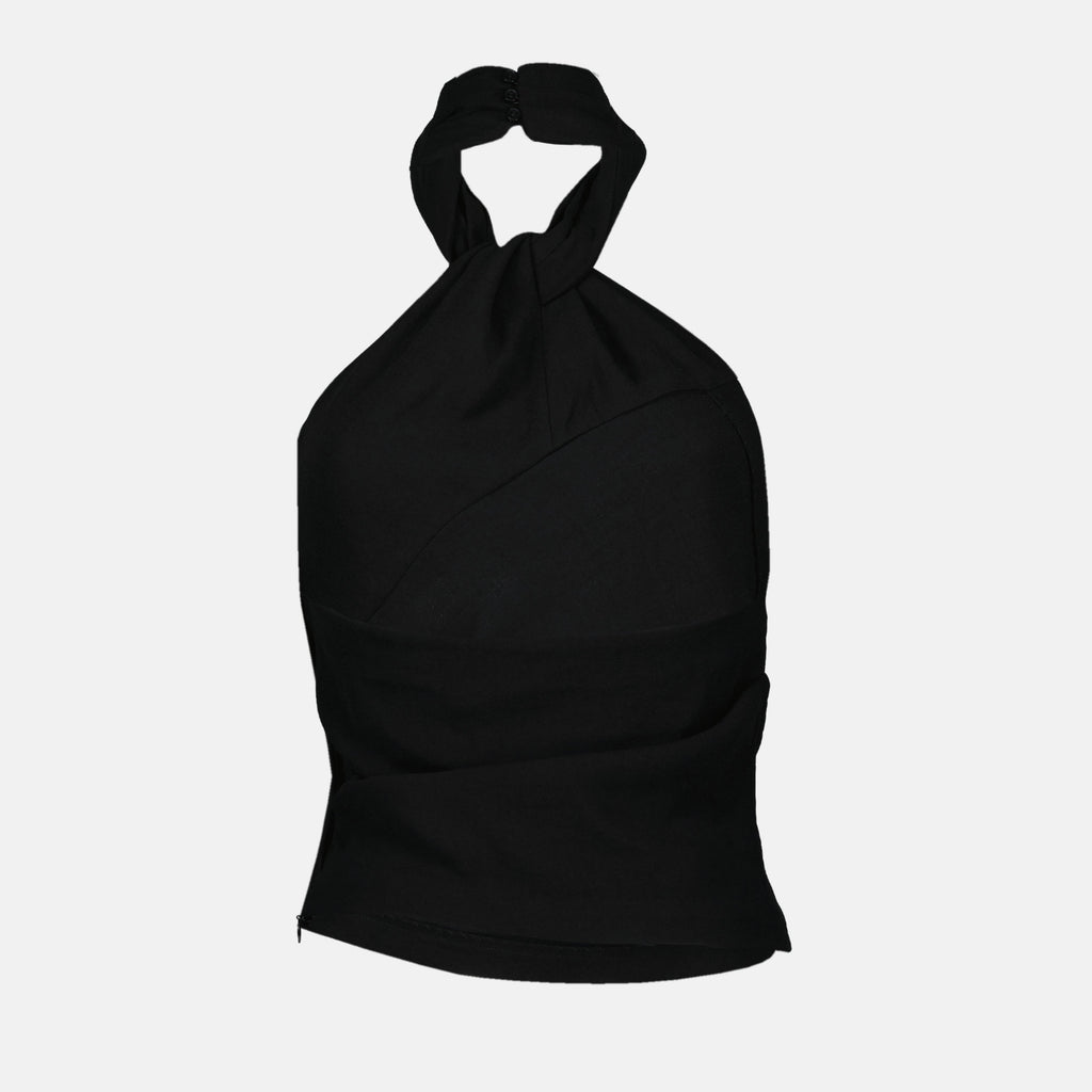 draped top, Iro, black top, sleeveless blouse, women's fashion