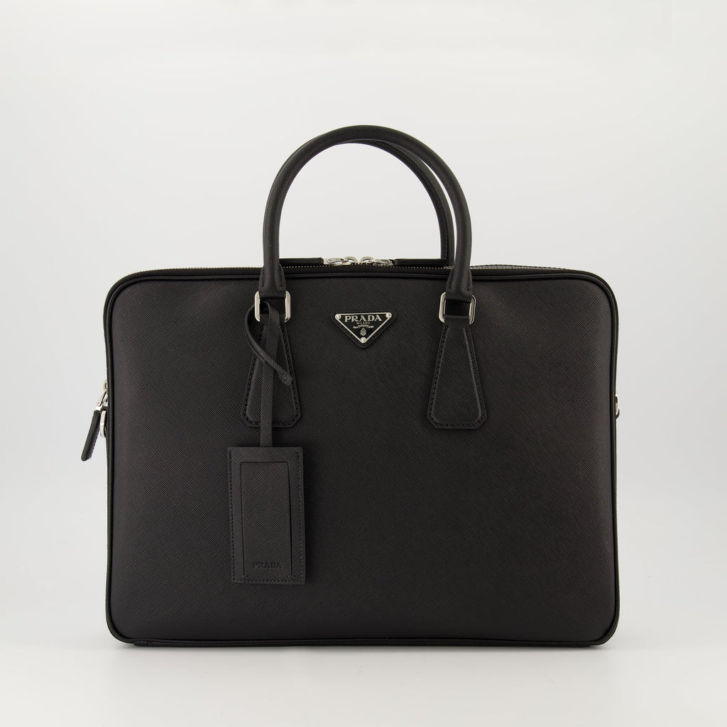 Prada briefcase, Saffiano leather bag, black leather briefcase, luxury leather accessories, designer briefcase