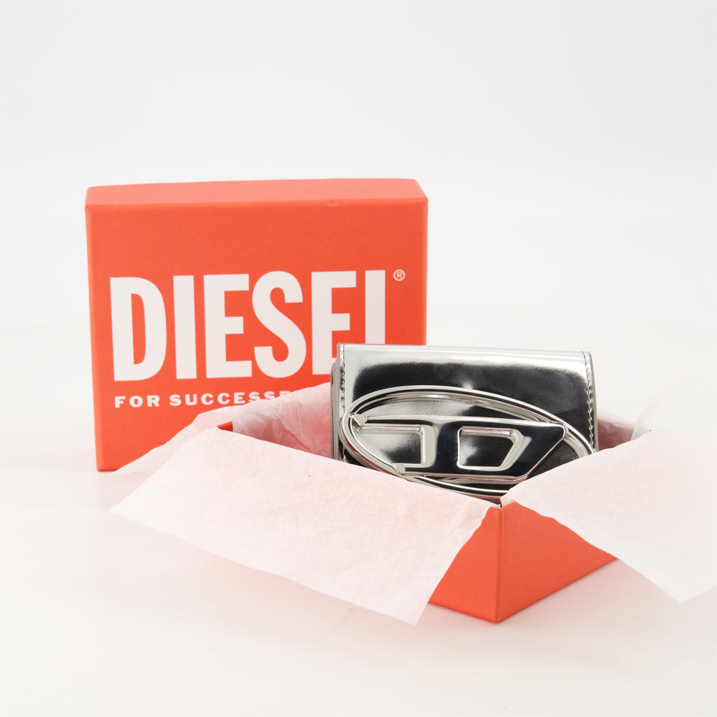 Diesel wallet, silver leather wallet, tri fold wallet, women's accessories, compact wallet