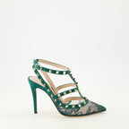 Imagem de sapatos de renda verde Rockstud da Valentino Garavani para Mulheres - Temporada Outono-Inverno 2025 - Vista lateral direita