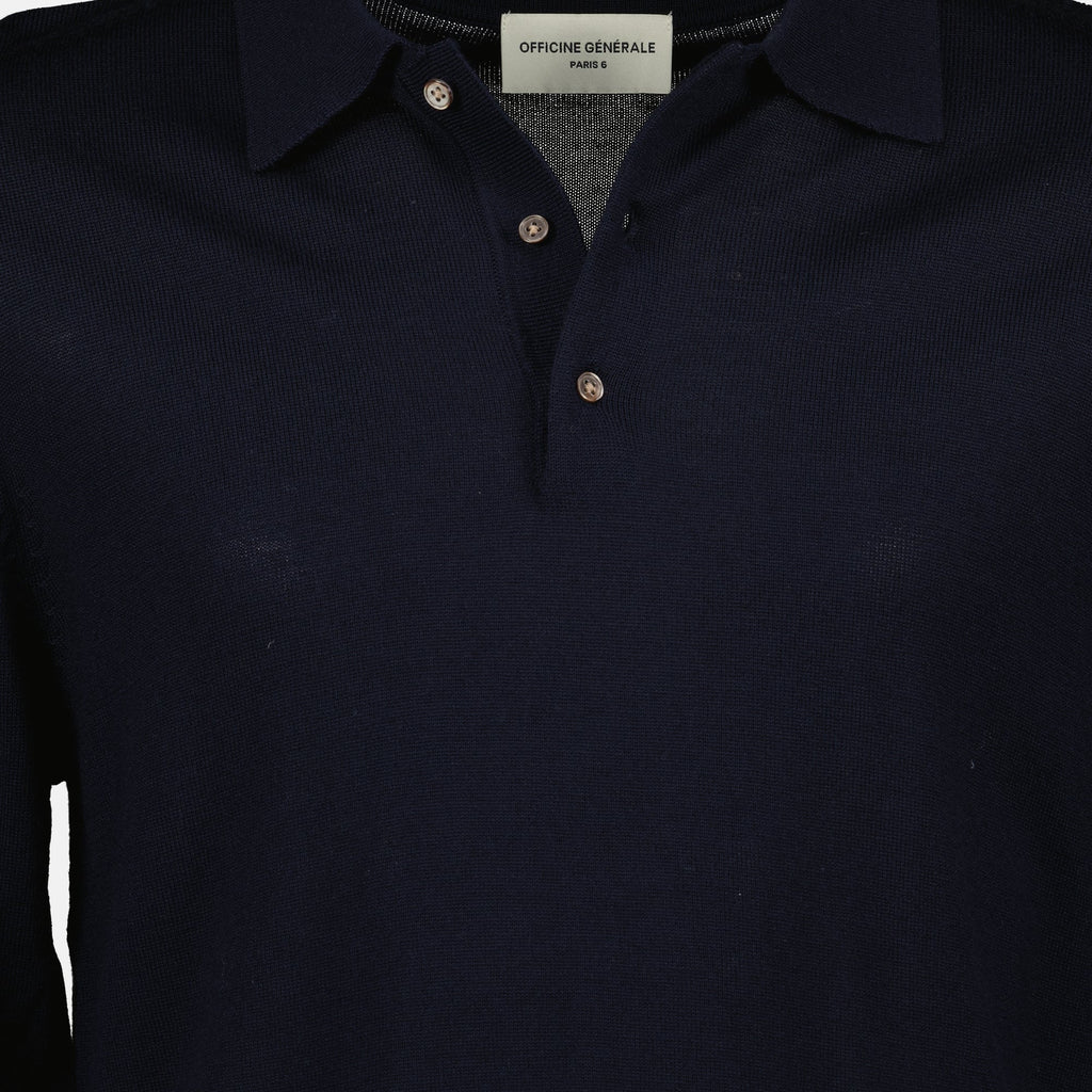 Brandon polo, Officine Générale, navy blue polo, long sleeve polo, wool polo