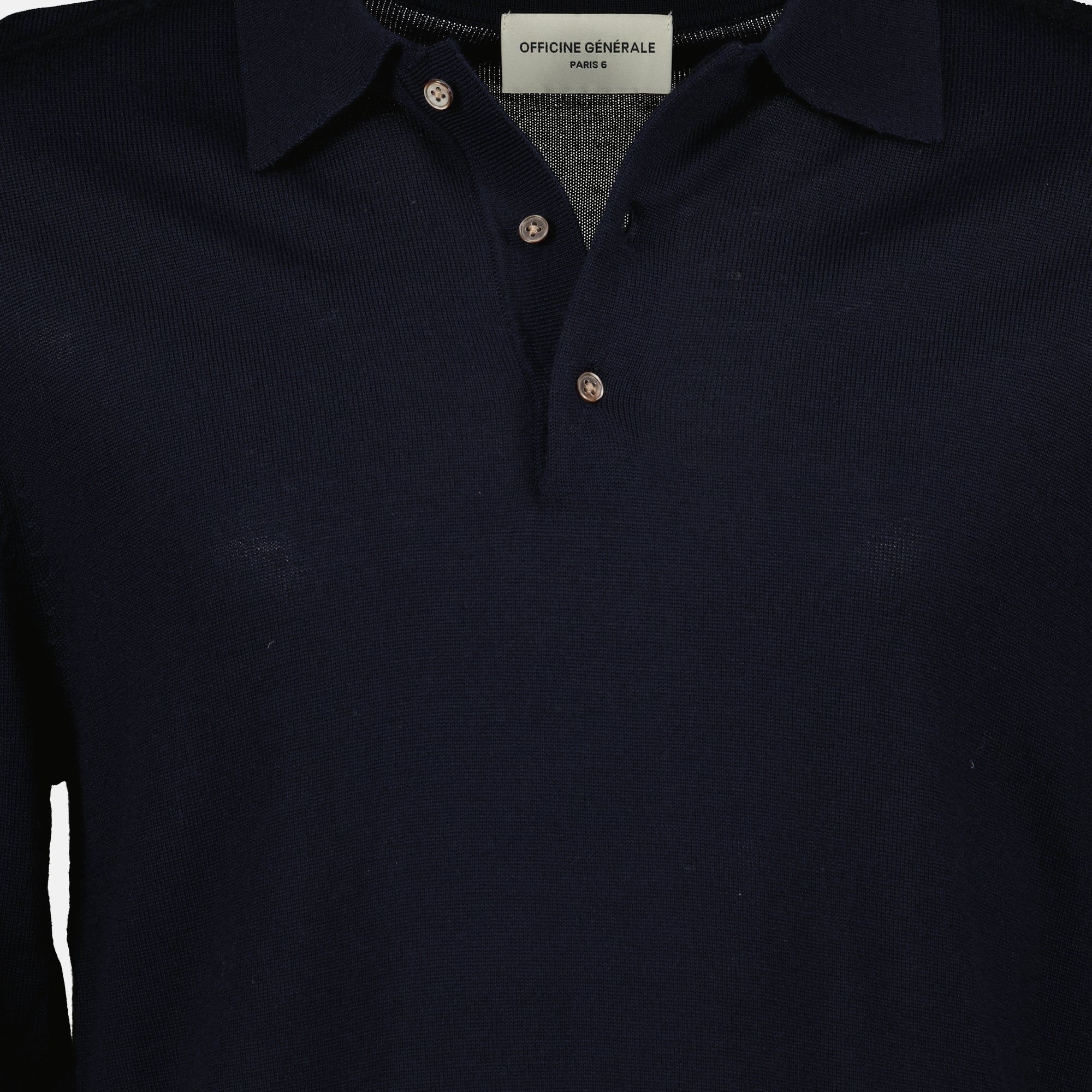 Brandon polo, Officine Générale, navy blue polo, long sleeve polo, wool polo