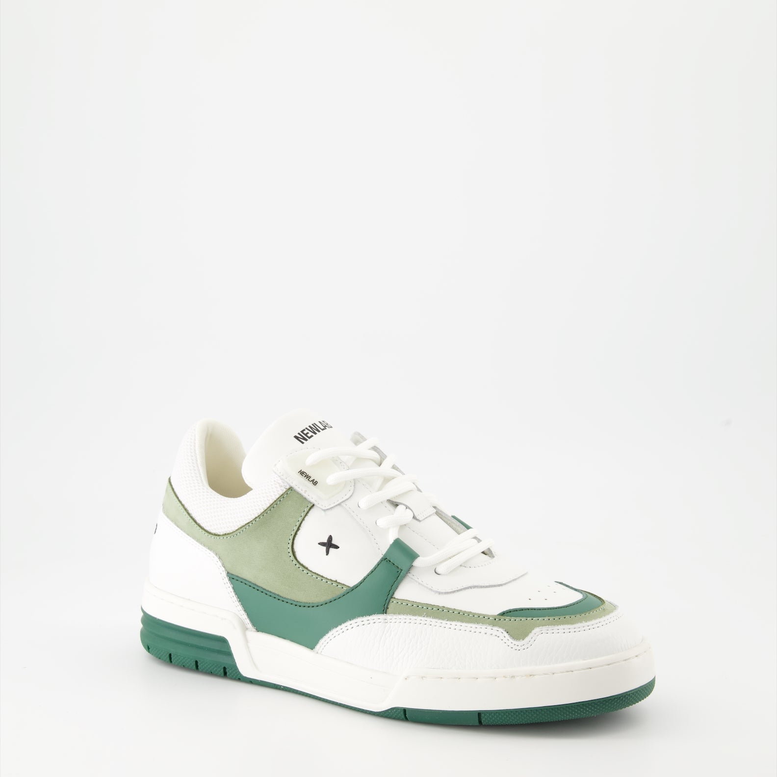 luxury sneakers, white leather shoes, green suede accents, New Lab collection, high-end fashion