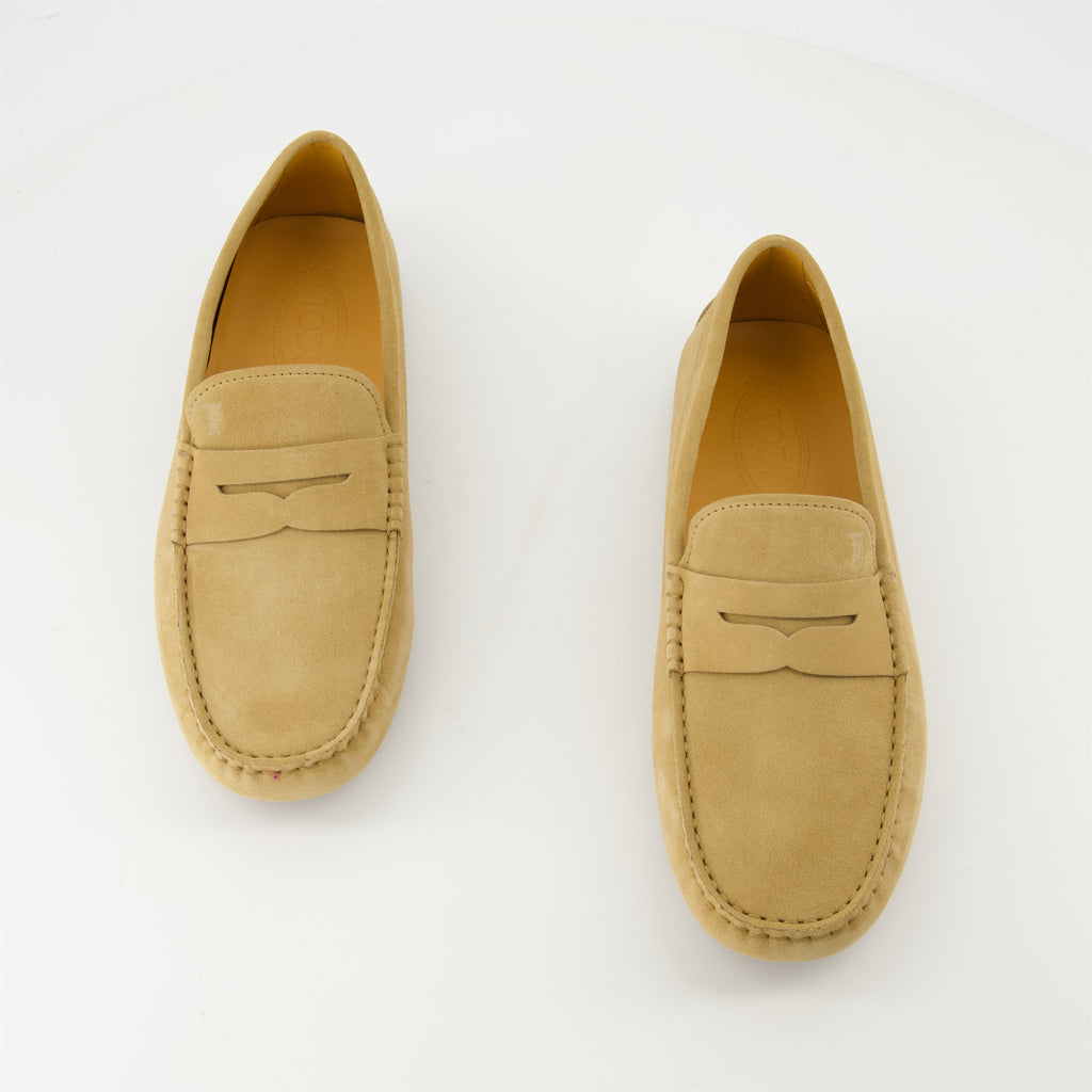 Tod's loafers, Gommino suede loafers, beige loafers, luxury footwear, designer shoes