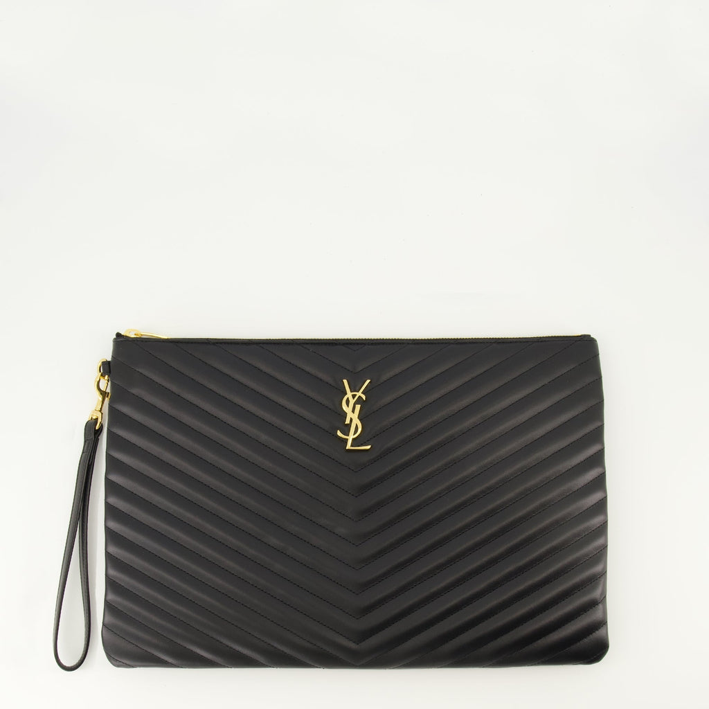 Saint Laurent pouch, Calfskin accessories, Luxury handbag, Black leather pouch, Designer accessories