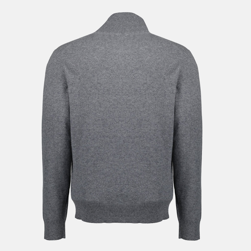 Burberry sweater, cashmere zip-up, gray sweater, high collar sweater, embroidered logo sweatshirt