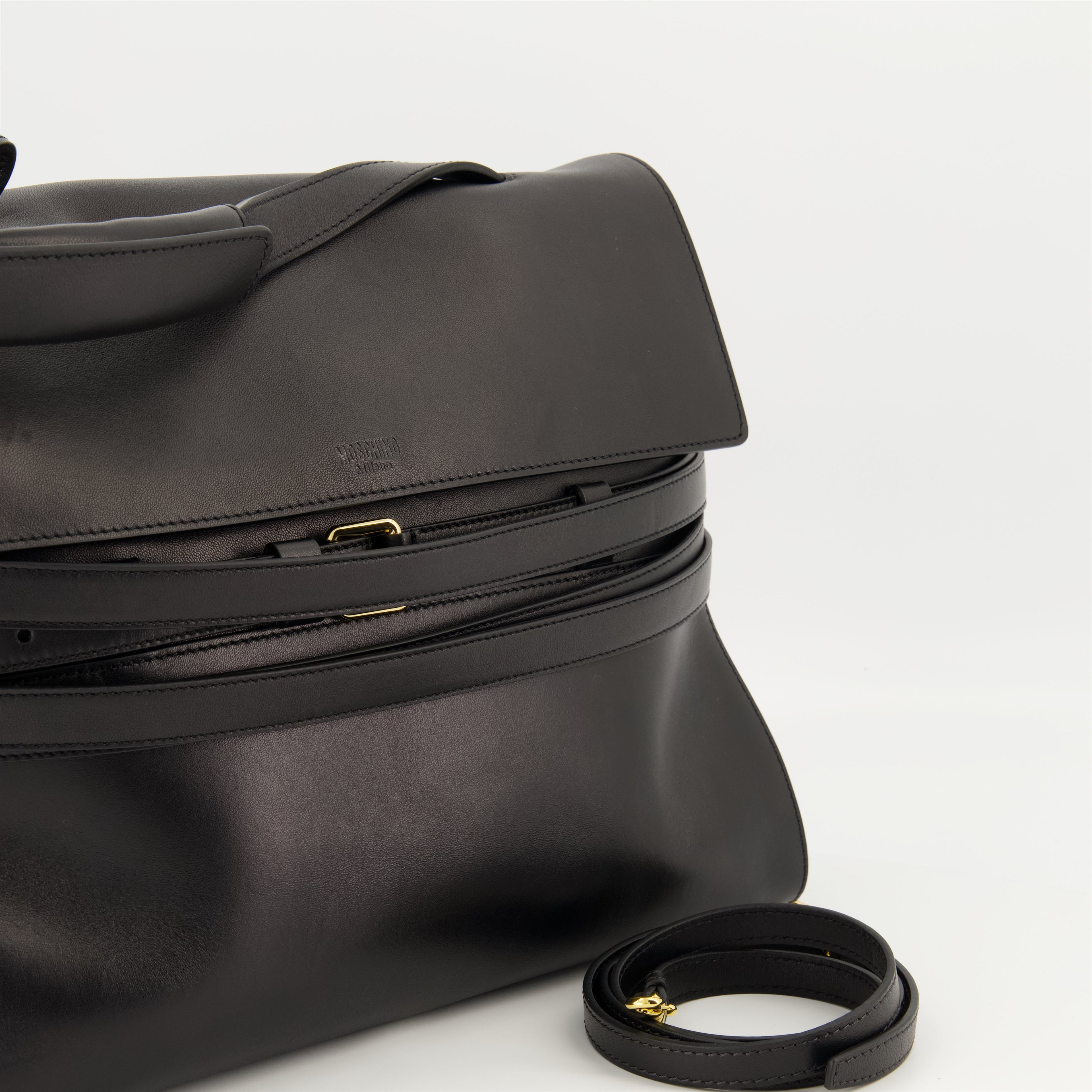 cappa leather bag, Moschino bag, black leather accessories, adjustable shoulder bag, women’s handbags