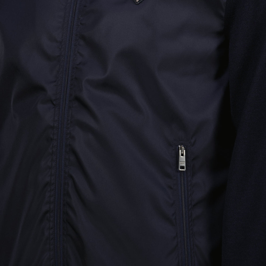 Prada jacket, navy bi-material jacket, recycled materials outerwear, high collar jacket, Autumn-Winter 2025 collection