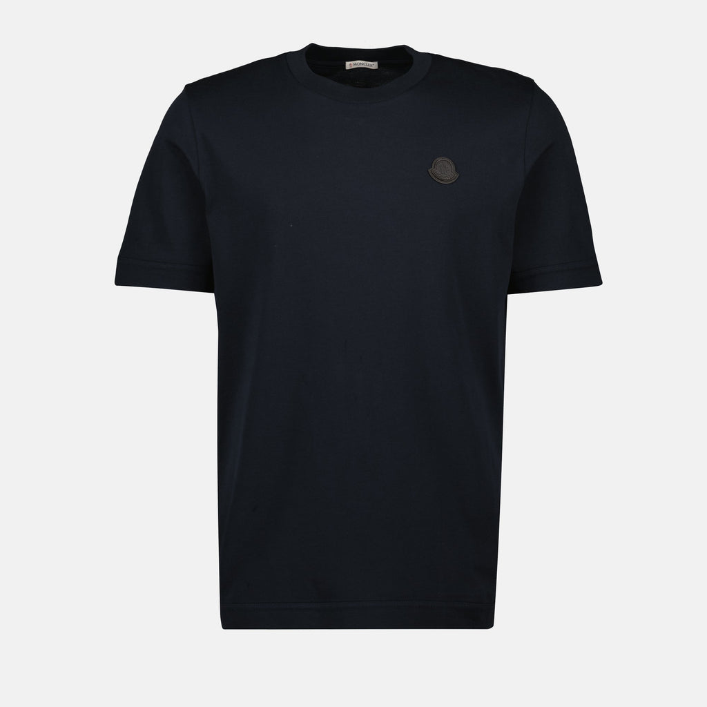 Image of Navy Blue Leather Logo T-Shirt by Moncler for Men - Season Autumn-Winter 2025 - Front View