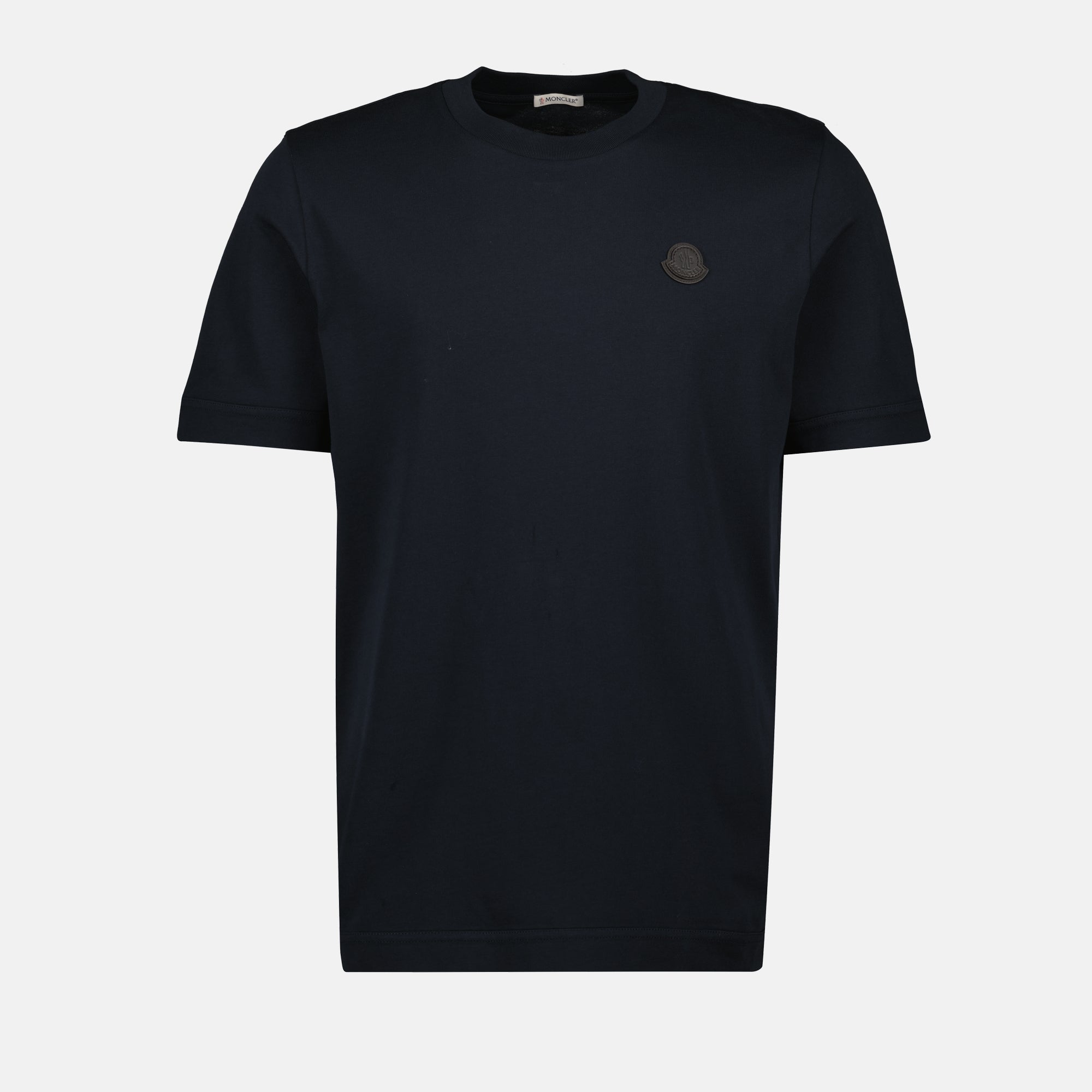 Image of Navy Blue Leather Logo T-Shirt by Moncler for Men - Season Autumn-Winter 2025 - Front View