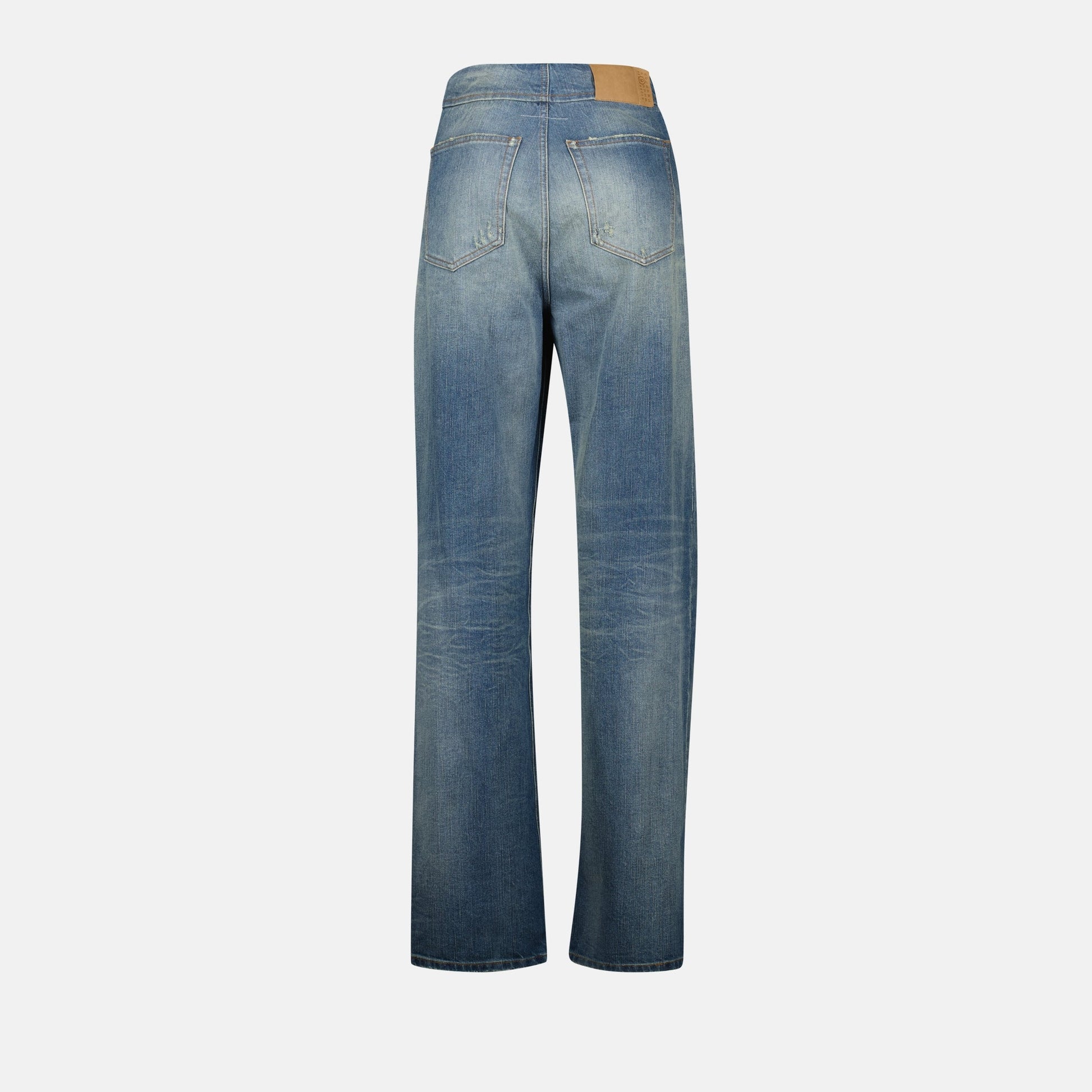 worn straight jeans, MM6 jeans, faded denim, distressed style, five-pocket design