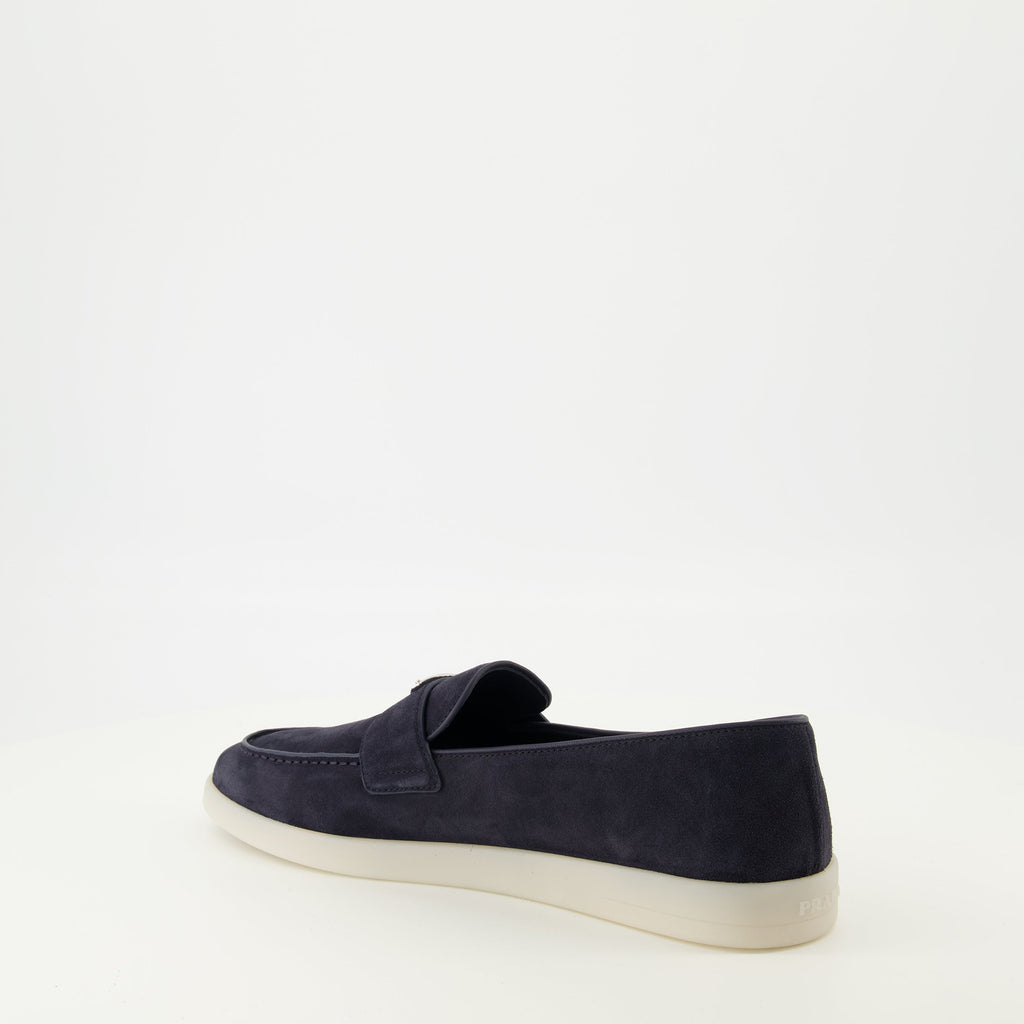 Prada loafers, navy blue suede shoes, slip-on footwear, triangle logo, men's designer shoes