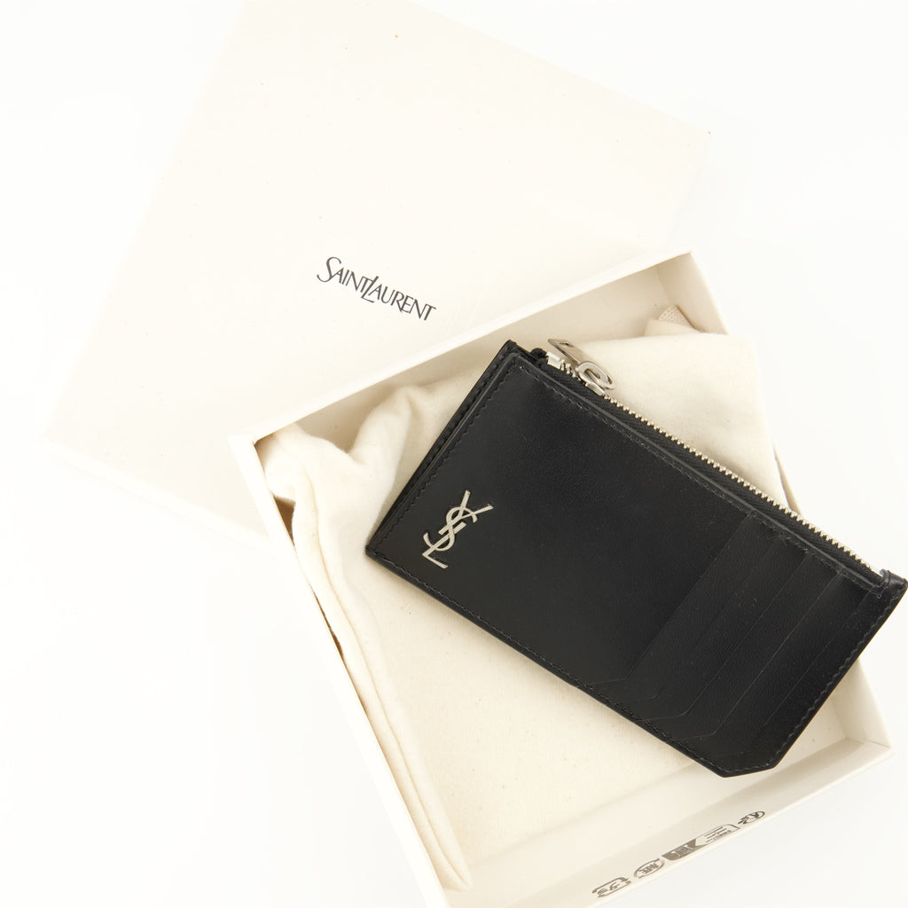 card holder, zipped leather wallet, Saint Laurent accessories, black leather wallet, luxury leather goods
