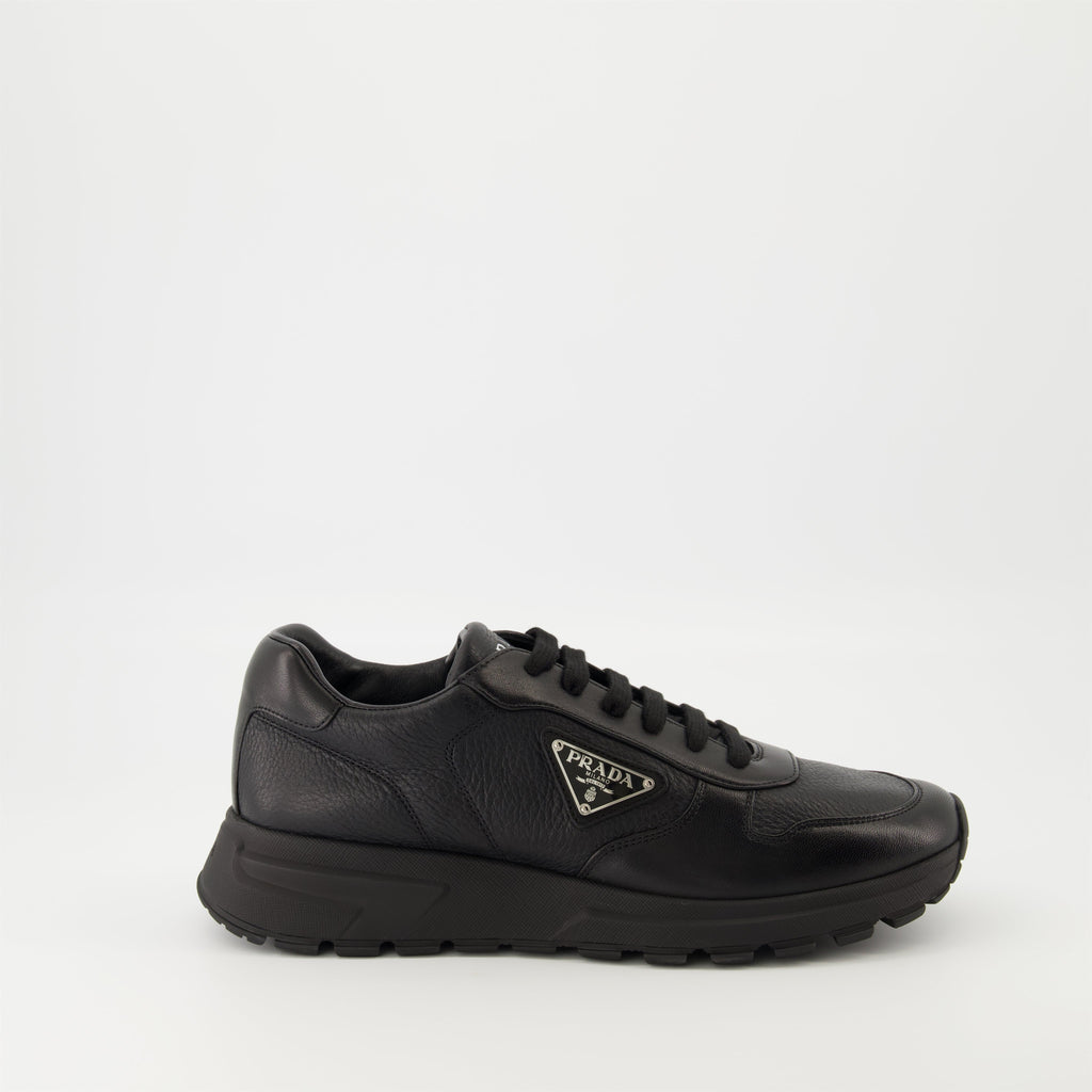 Prada sneakers, black leather sneakers, Prax 01 model, men's footwear, luxury menswear