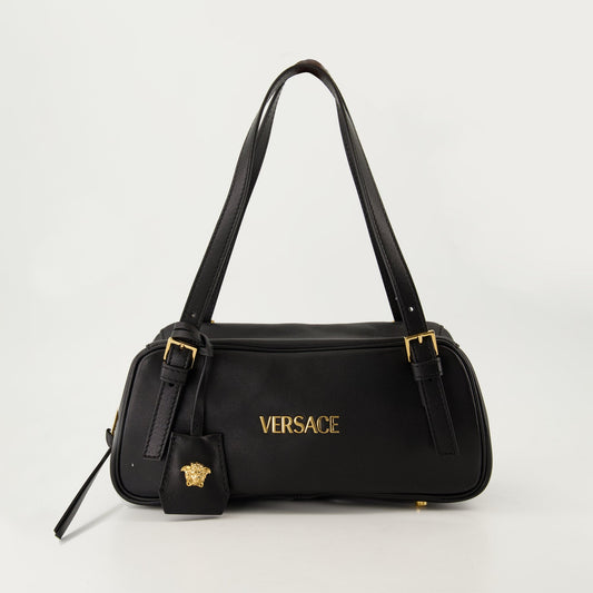 Black Bowling Bag, Nappa Leather, Adjustable Handle, Versace Accessories, Women's Designer Bags