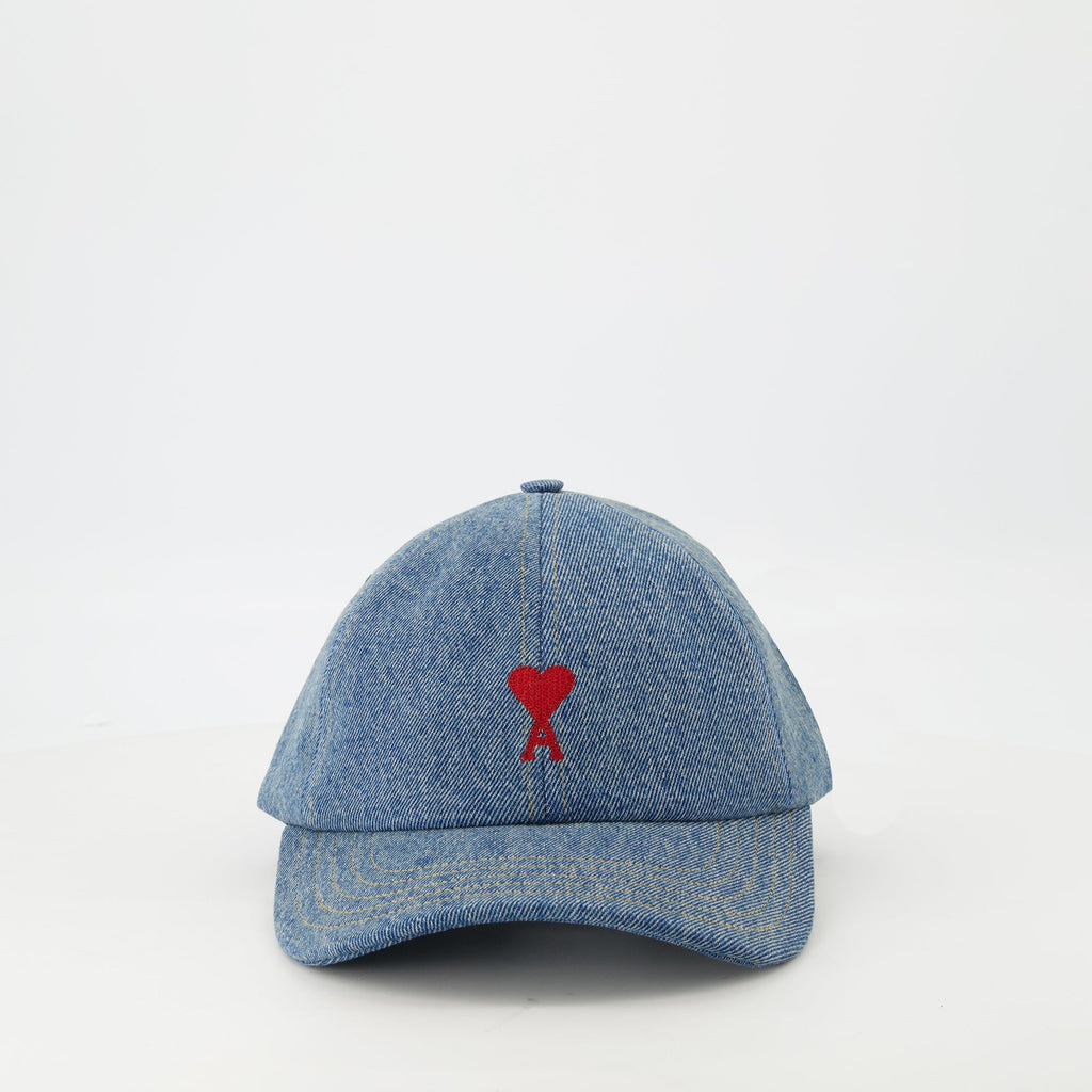 denim cap, AMI de Coeur, adjustable strap cap, embroidered logo cap, unisex denim accessory