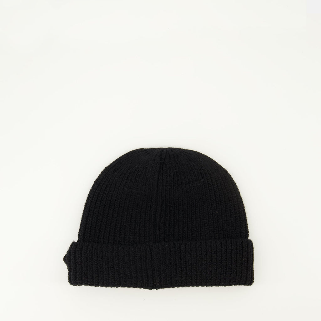 Prada beanie, black wool hat, ribbed wool accessory, triangle logo, Autumn-Winter collection