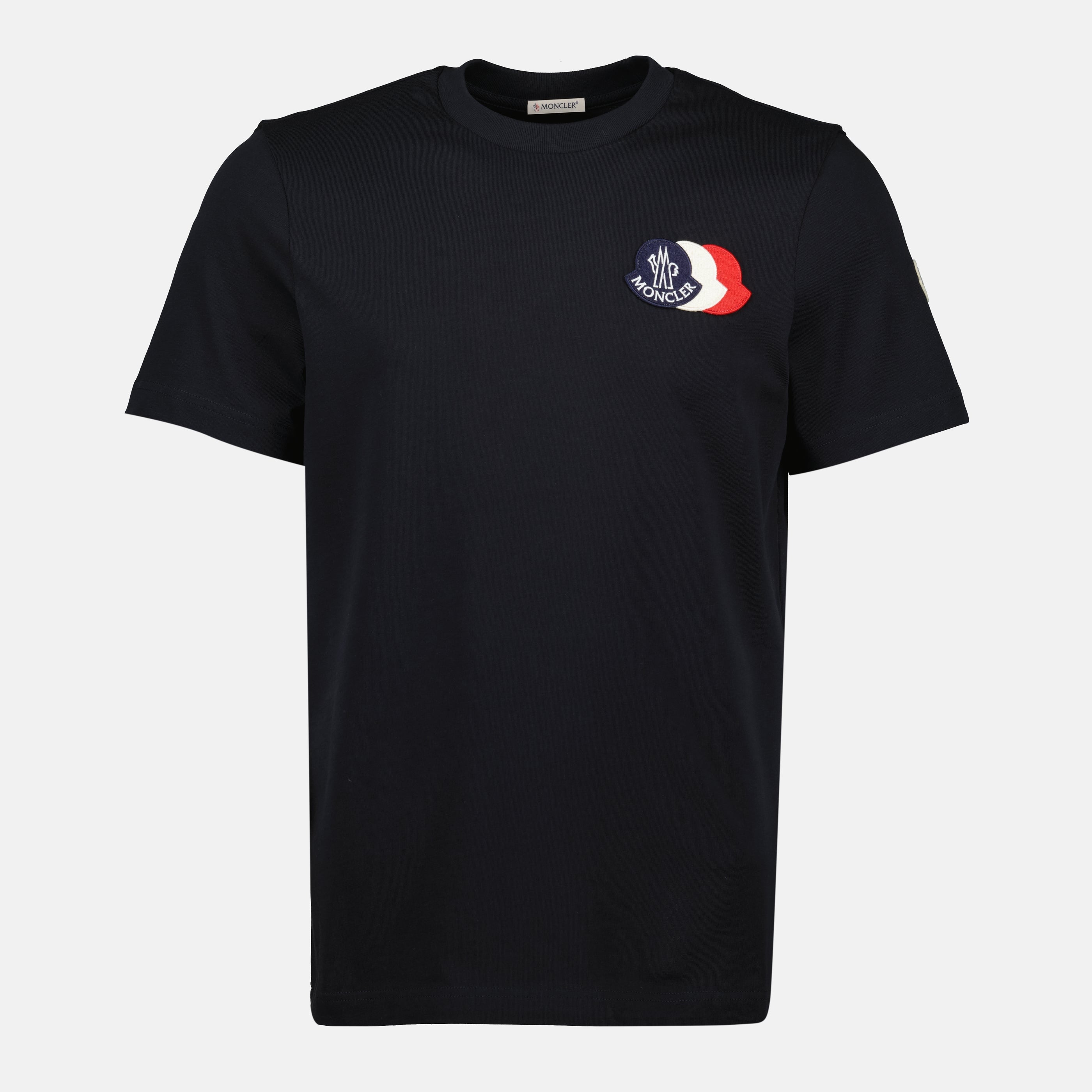 Moncler t-shirt, tricolore logo shirt, navy blue t-shirt, cotton jersey top, embroidered logo t-shirt