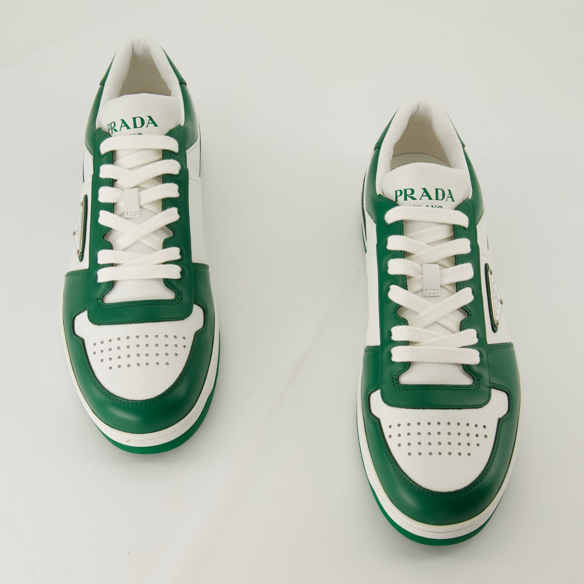 Prada sneakers, leather sneakers, green and white sneakers, designer footwear, Autumn-Winter 2024