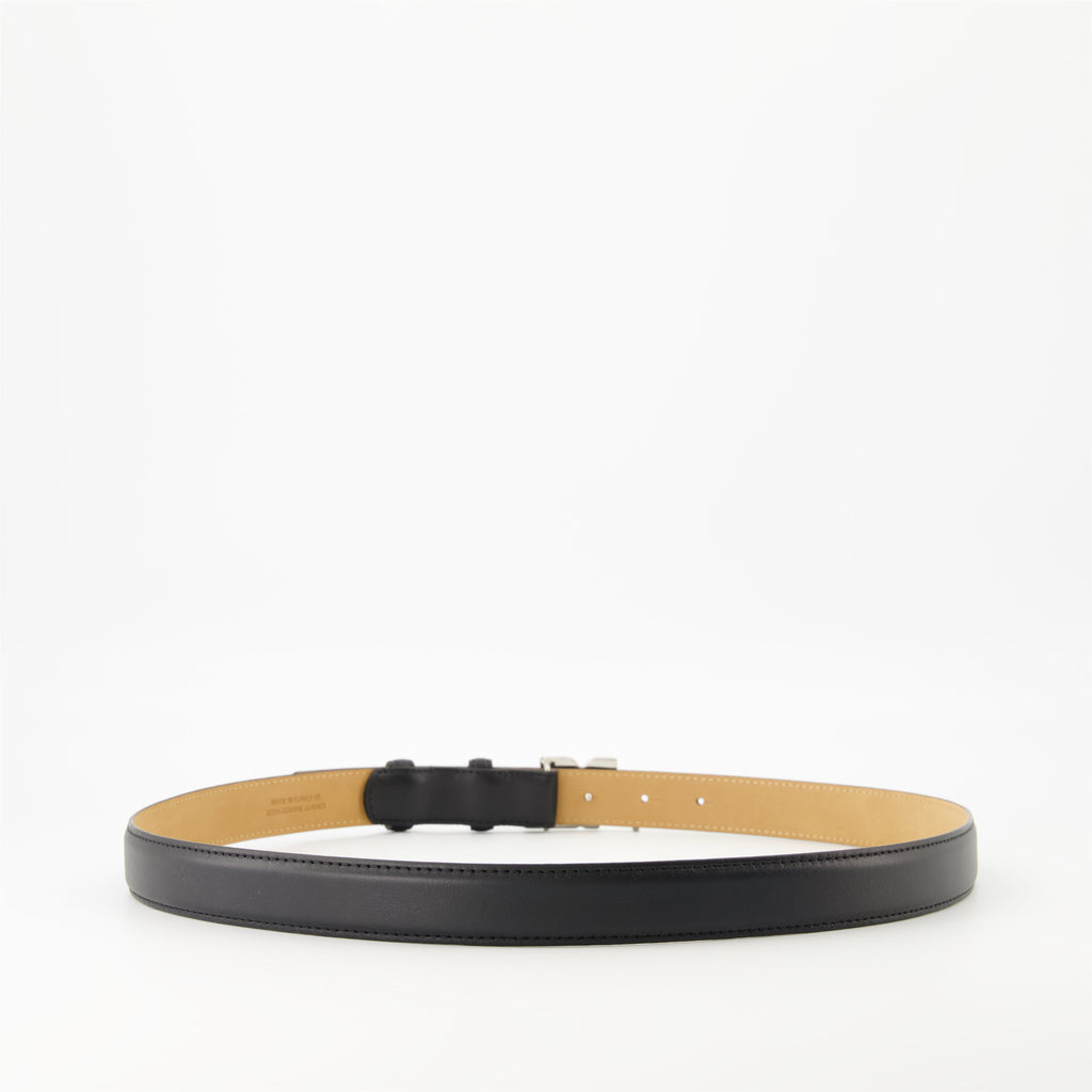 black leather belt, adjustable leather belt, Courrèges accessories, metallic buckle belt, men's fashion belt