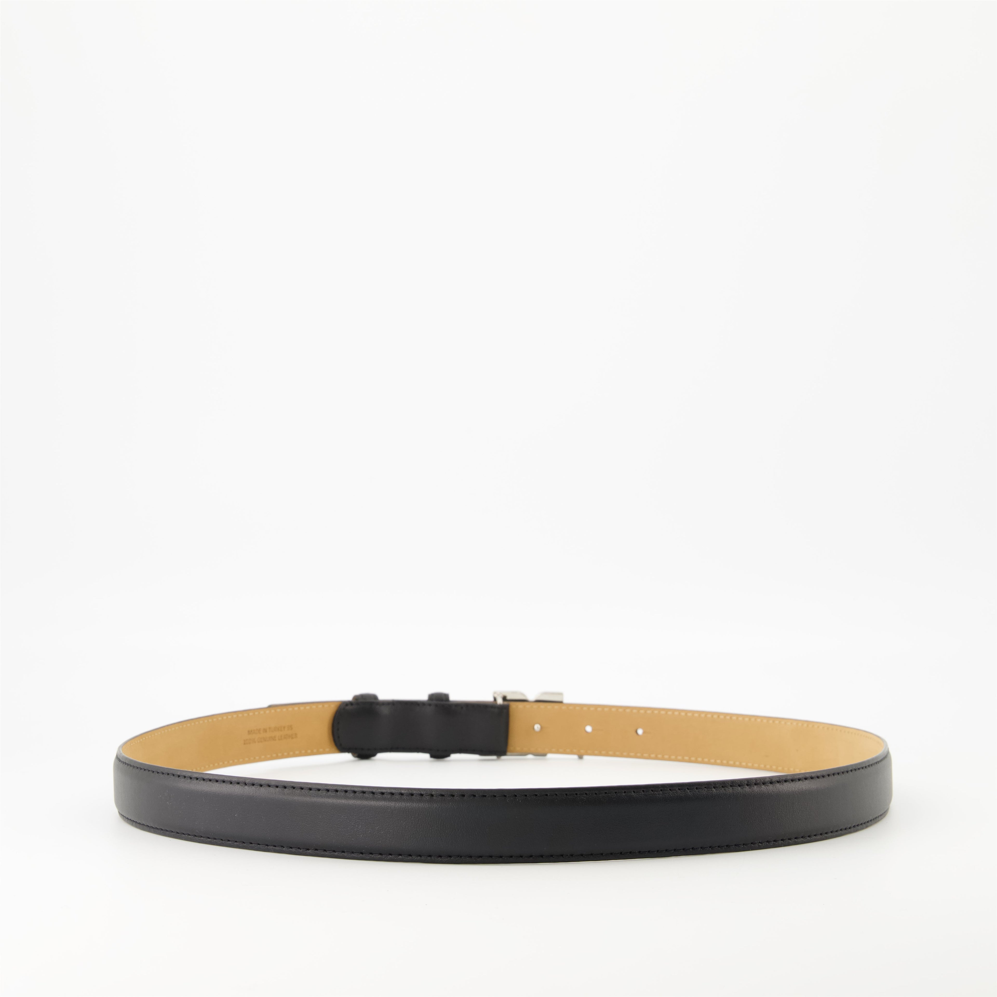 black leather belt, adjustable leather belt, Courrèges accessories, metallic buckle belt, men's fashion belt