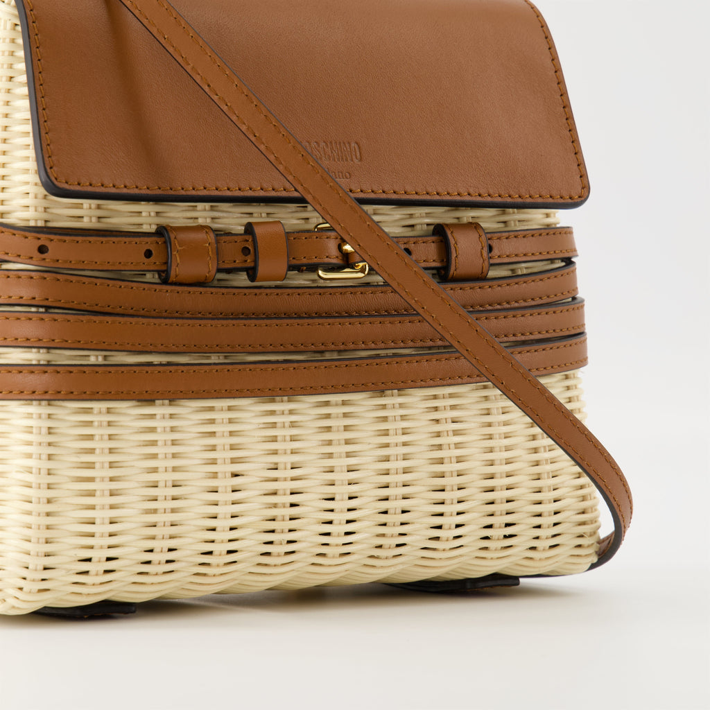 Moschino bag, Tie Me bag, brown raffia bag, women's accessories, designer handbag