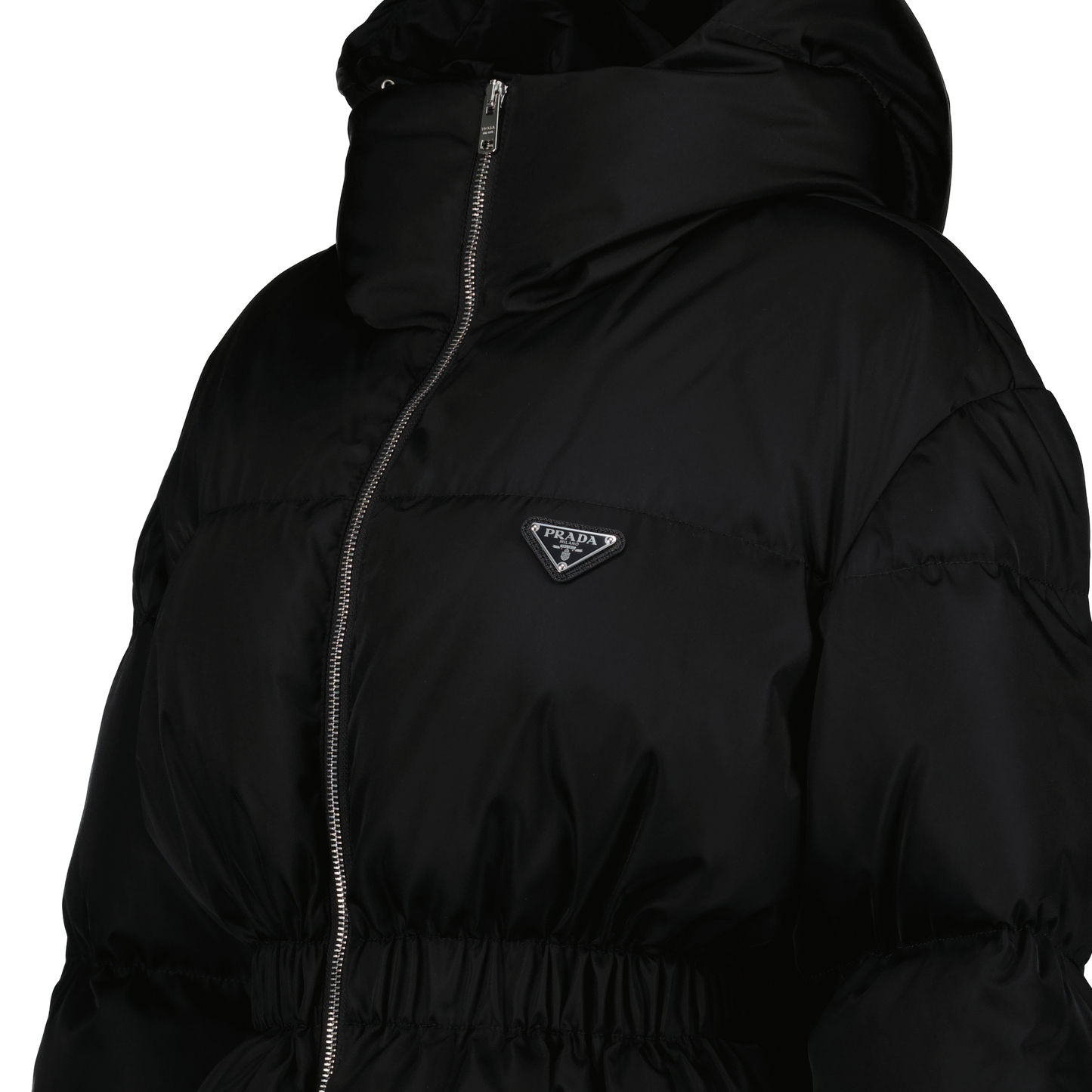 Prada puffer jacket, Re-Nylon jacket, black cinched jacket, sustainable outerwear, luxury winter jacket