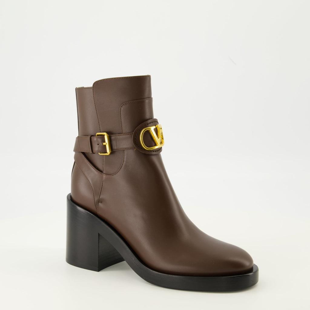 Vlogo booties, Valentino Garavani footwear, brown leather booties, luxury footwear, designer booties