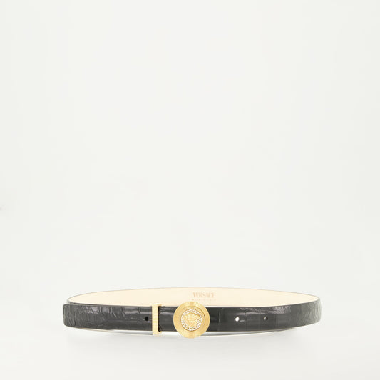 Medusa Biggie buckle, black leather belt, calfskin belt, Versace belt 2025, luxury accessories