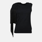 Bild eines schwarzen, fransigen Baumwoll-T-Shirts MM6 von Mm6 für Damen - Saison Frühling-Sommer 2025 - Vorderansicht
