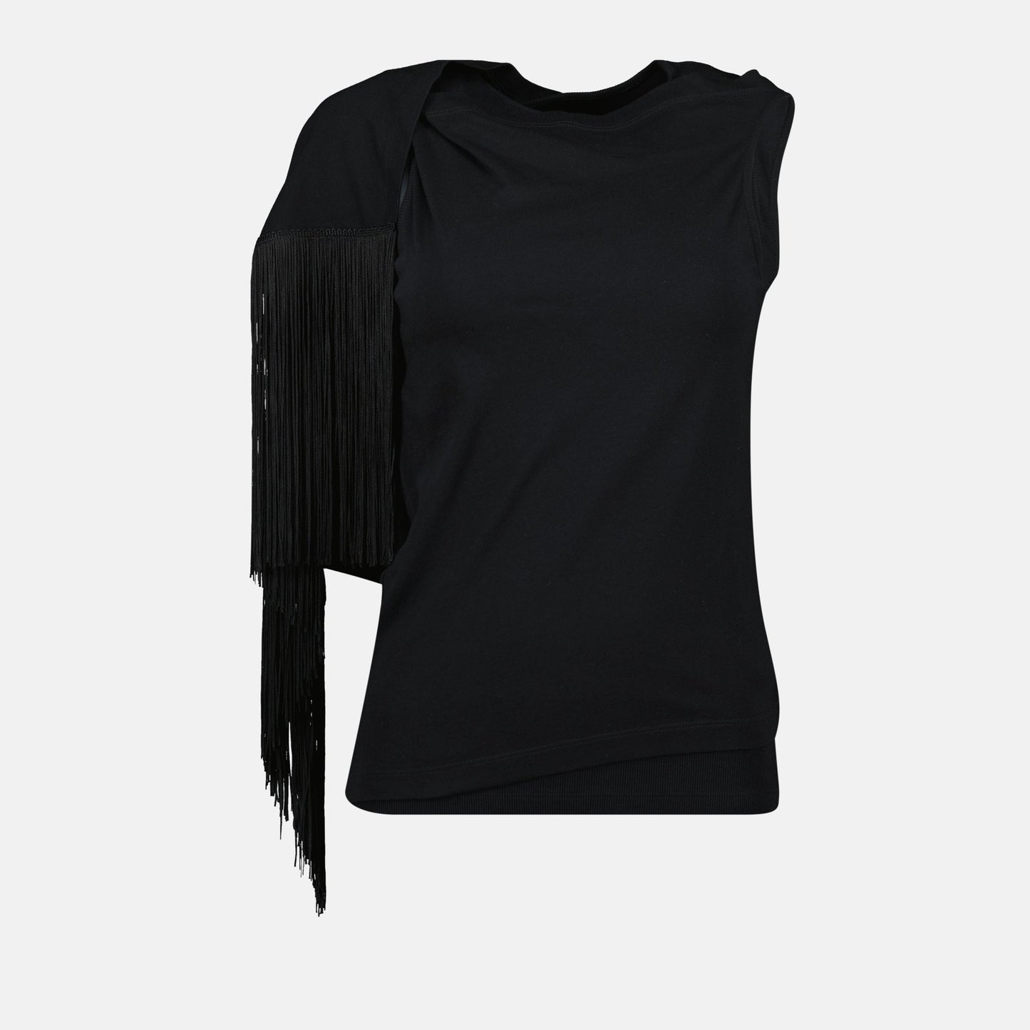 black fringed t-shirt, MM6 fashion, cotton t-shirt, spring summer 2025, fringe detail