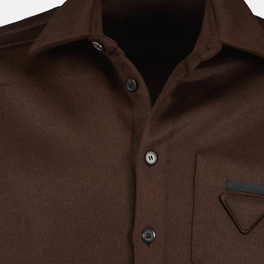Prada wool shirt, brown shirt, classic collar shirt, luxury casual wear, Autumn-Winter collection