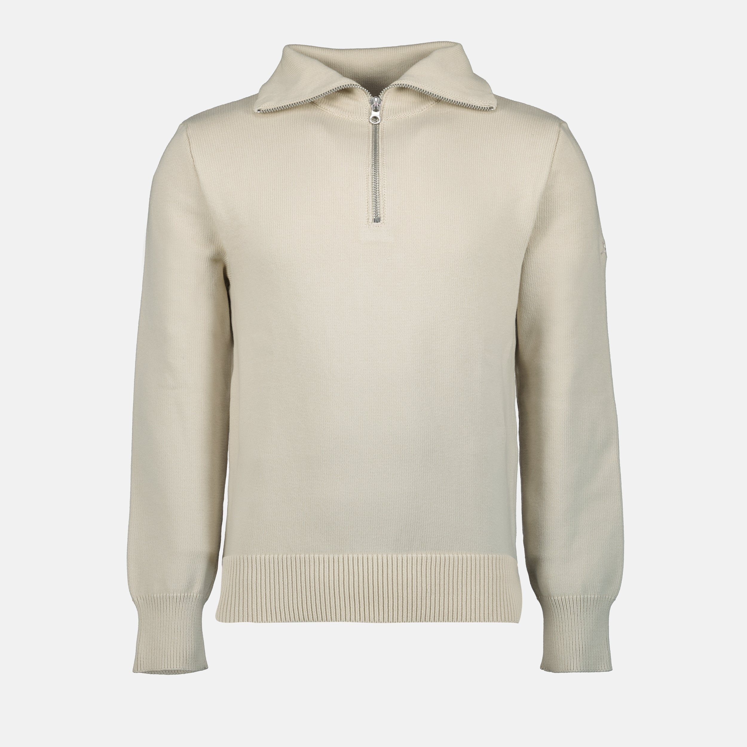 beige zip-neck sweater, Courrèges sweater, Spring-Summer collection, men's fashion, polo sweater