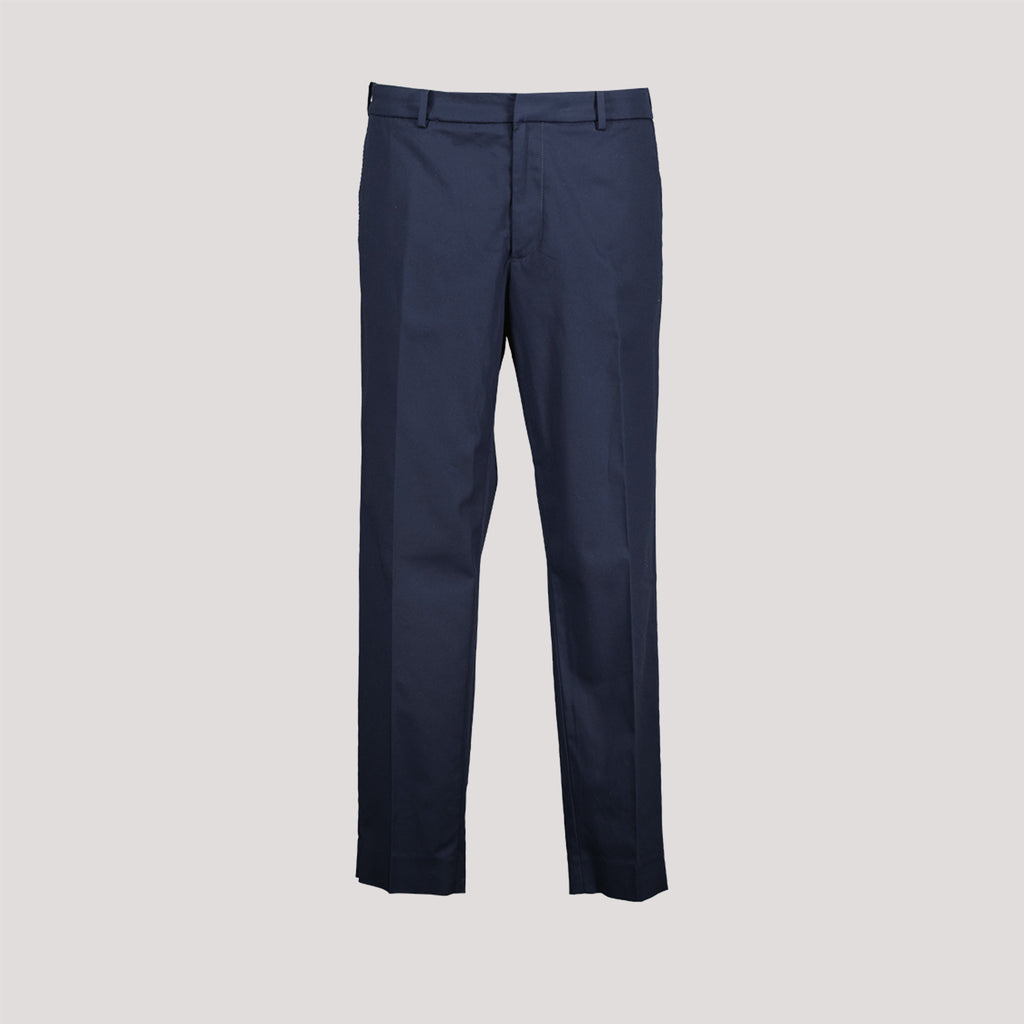 navy trousers, carrot fit trousers, Moncler trousers, cotton pants, stylish trousers