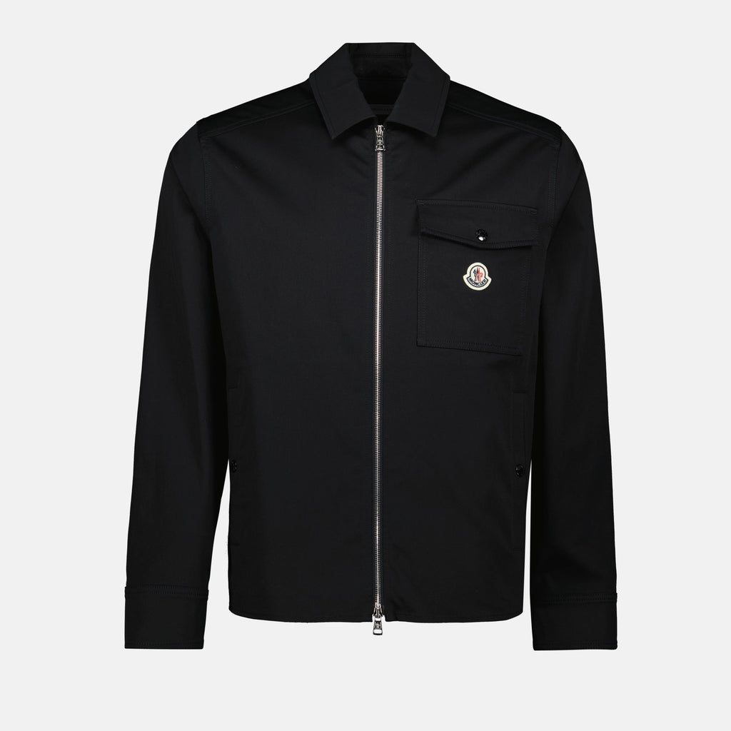 black shirt jacket, Moncler, cotton jacket, modern outerwear, stylish layering