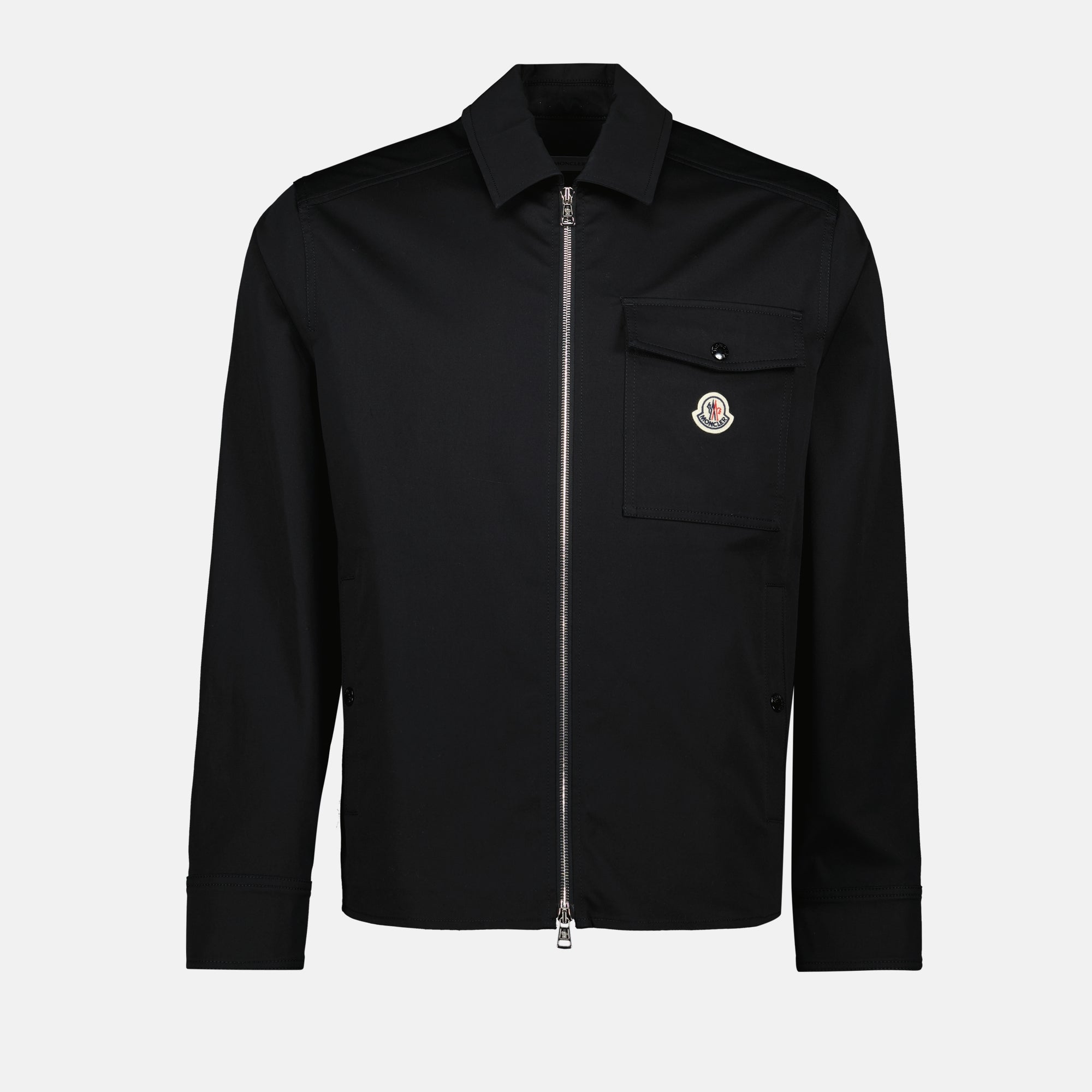 black shirt jacket, Moncler, cotton jacket, modern outerwear, stylish layering