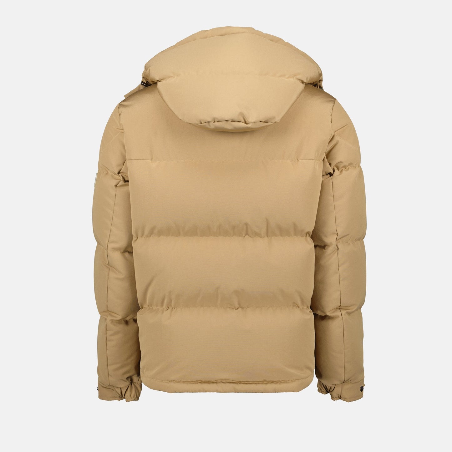 Moncler down jacket, beige camel outerwear, autumn-winter collection, adjustable hood jacket, tailored fit jacket