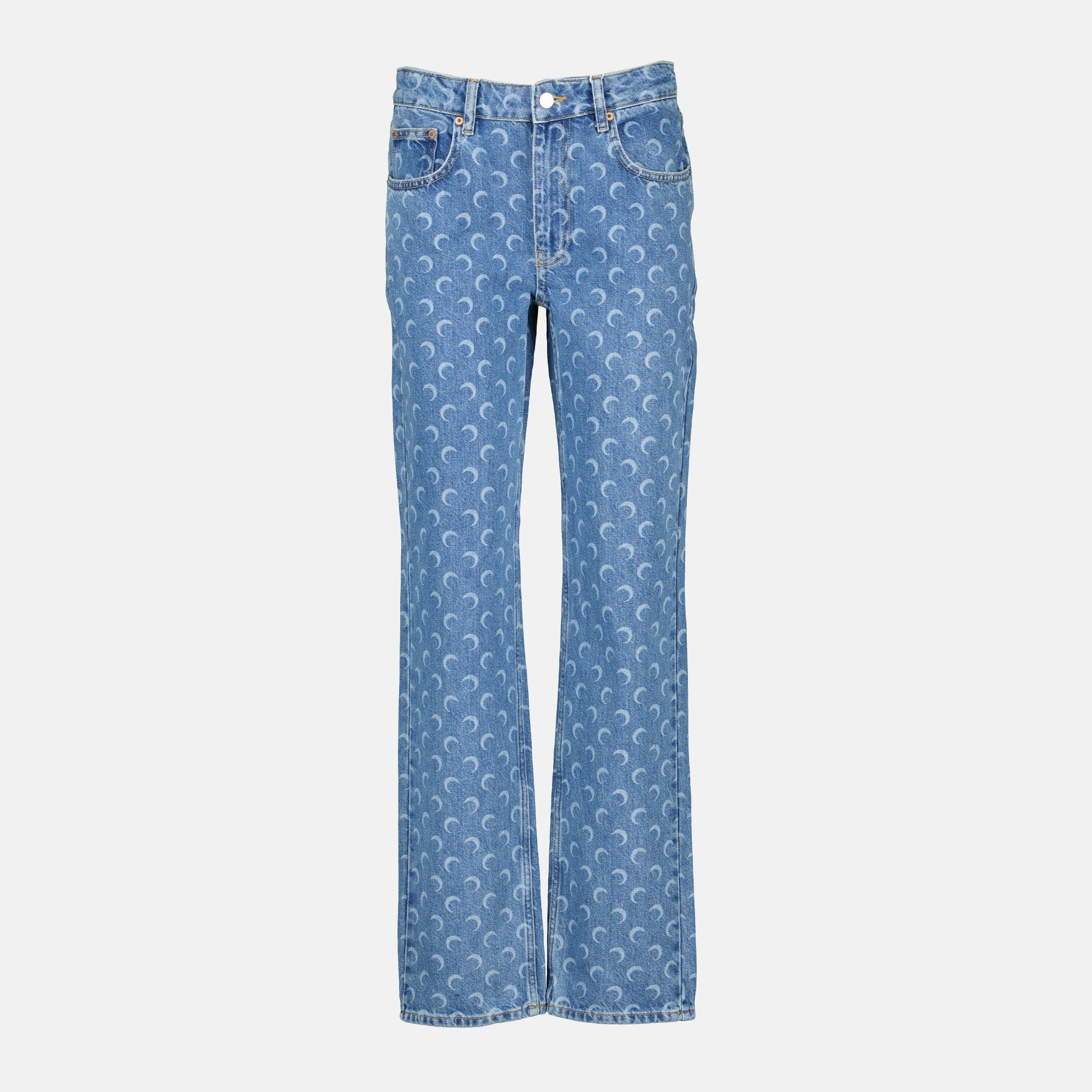 Marine Serre jeans, moon print denim, straight cut jeans, blue denim, five-pocket jeans
