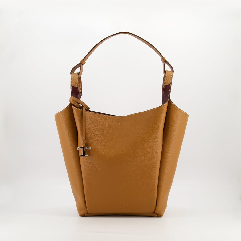 brown leather bucket bag, Tod's bag, luxury accessories, designer handbag, camel leather bag