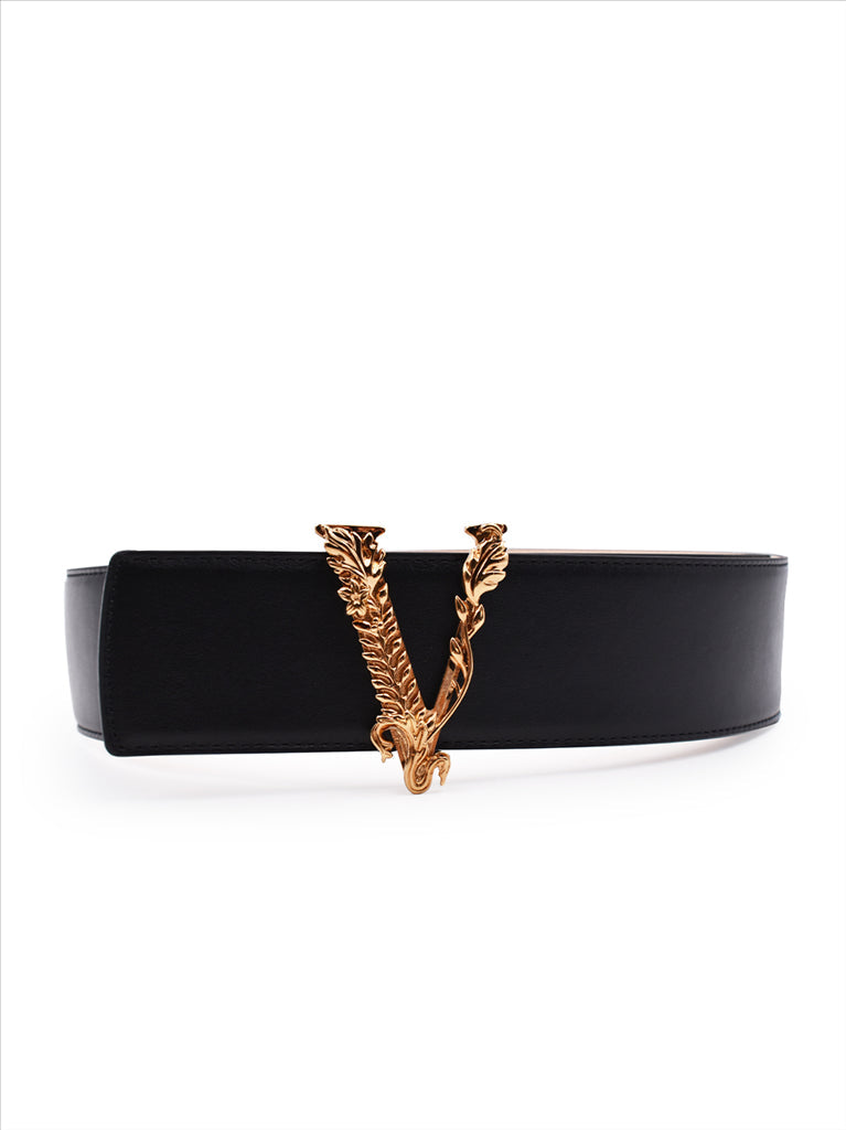 Virtus Versace belt, luxury women's belt, black Versace accessory, V-logo belt, high-end fashion accessory