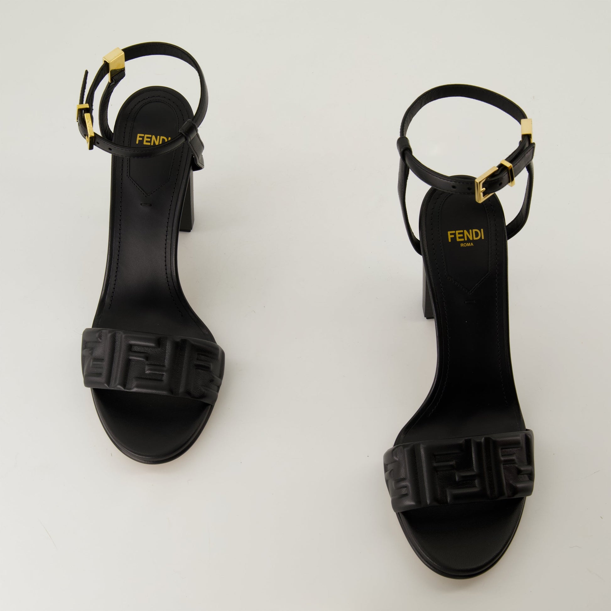 black leather sandals, high heel sandals, adjustable ankle straps, oversized sole, Fendi sandals