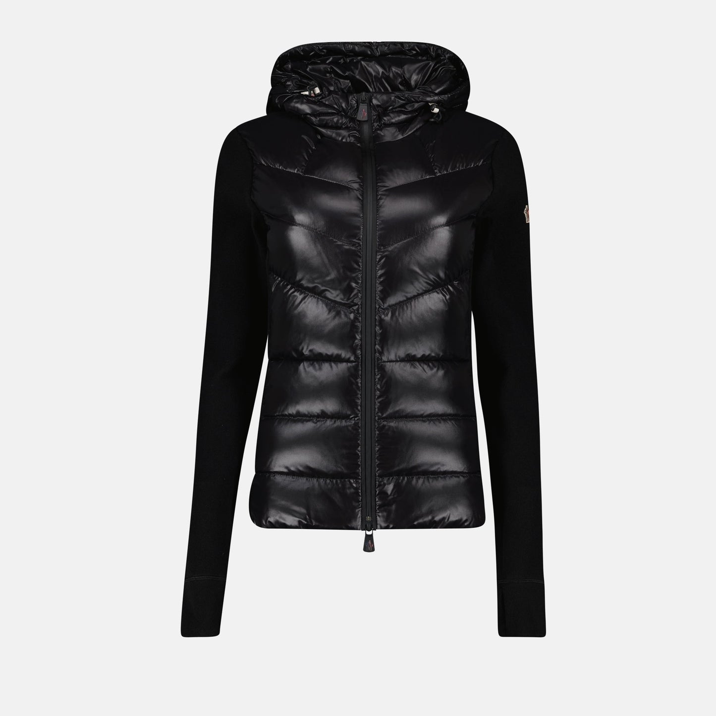 Moncler jacket, black two-tone jacket, winter fashion, luxury knitwear, quilted jacket