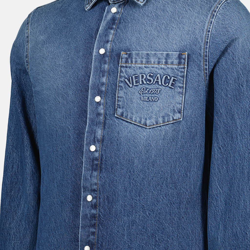 embroidered denim shirt, Versace shirt, men's denim fashion, blue button-up shirt, designer casual wear