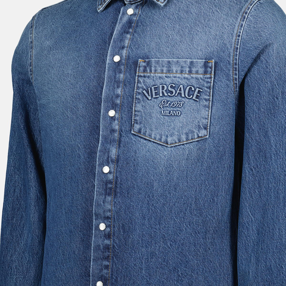 embroidered denim shirt, Versace shirt, men's denim fashion, blue button-up shirt, designer casual wear