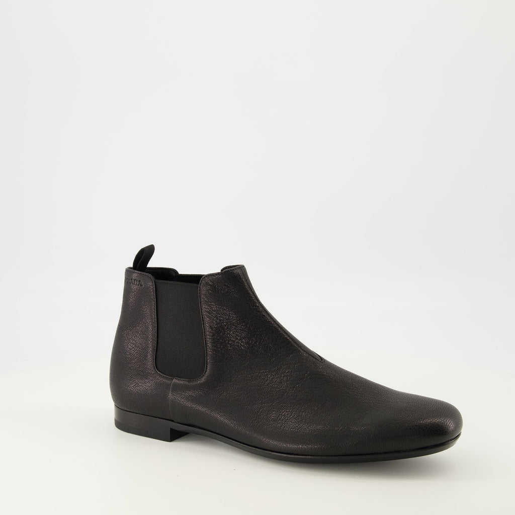 Chelsea boots, black leather boots, Prada footwear, men's boots, grained leather